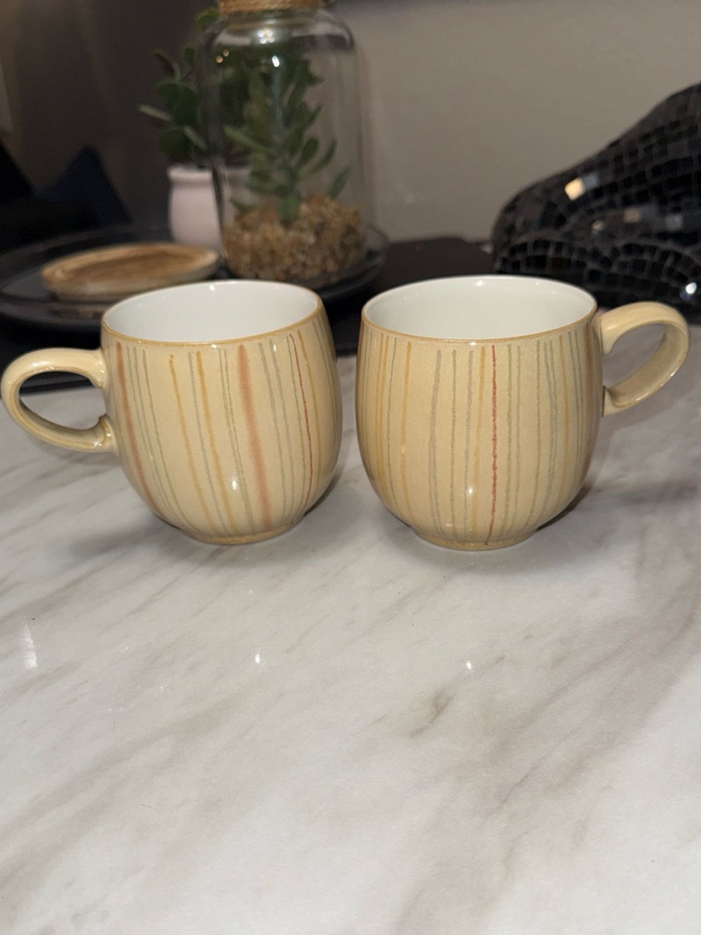 Denby Ceramic Striped Coffee Mugs Set of 2 Beige/Brown Dishwasher Safe